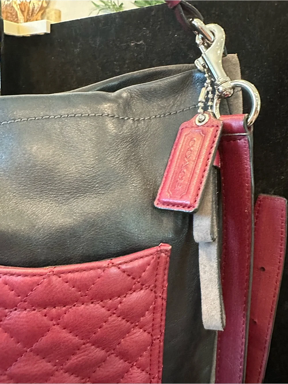 Coach#057 Park Quilted Leather & Suede Gray Black & Burgundy Hobo